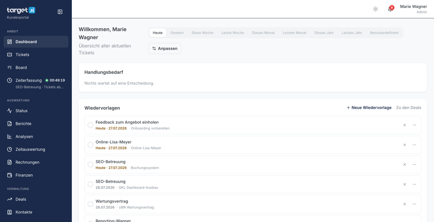 Dashboard des Target-KI-Kundenportals im Browser