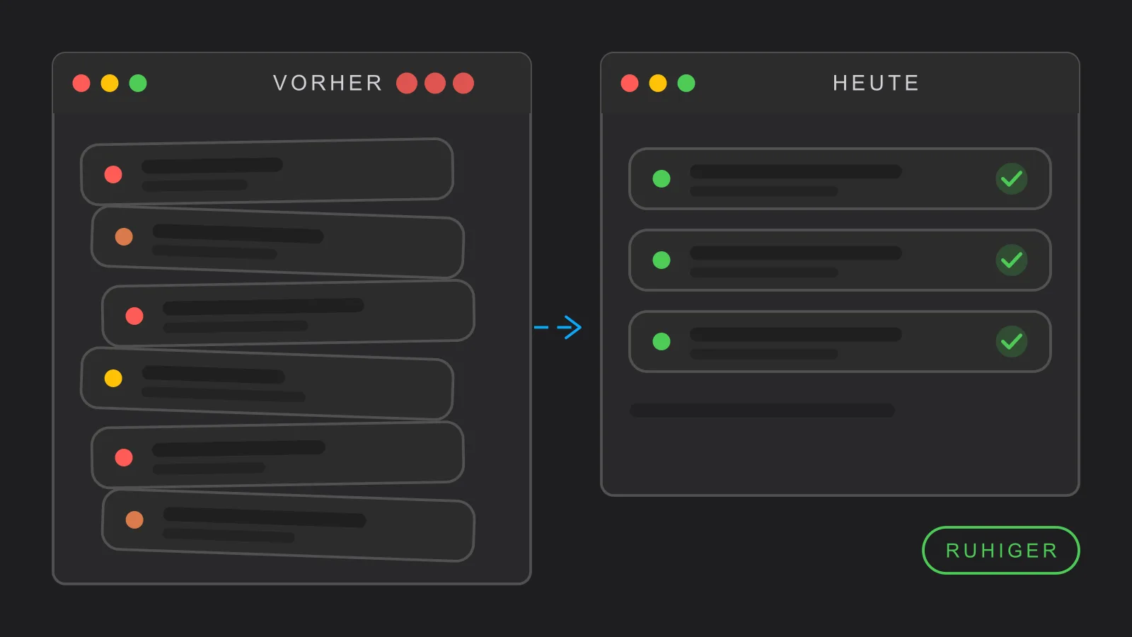 Illustration: links ein überladener Posteingang mit durcheinander liegenden, rot markierten E-Mails, rechts eine ruhige Ansicht mit drei abgehakten E-Mails